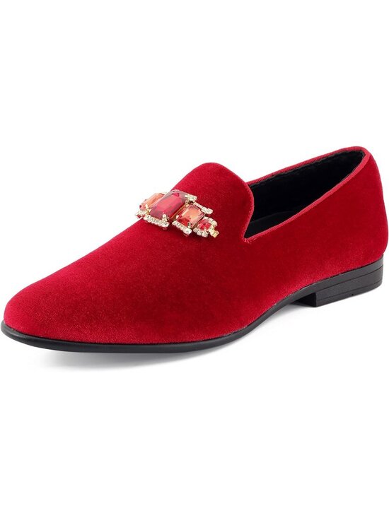 Amali Men\'s Red Velvet Loafers With Jeweled Bit Slip On Tuxedo Formal Shoes main image 4